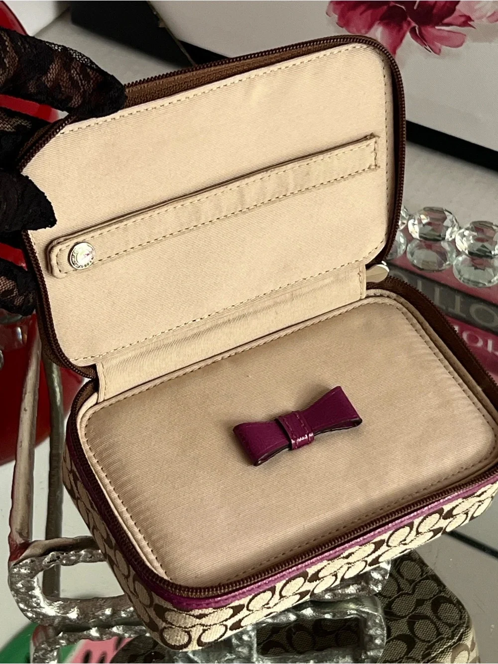 Coach Tan/Brown Signature Case with Pink Pull jewelry box